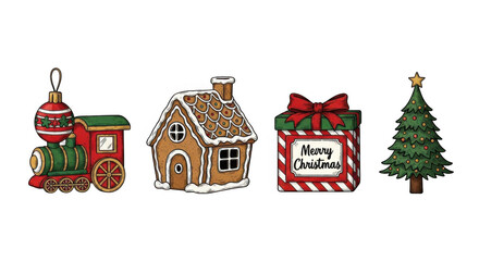 Naklejka premium Festive Christmas Decorations: Train Gingerbread House Gift and Tree.