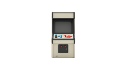 Rendered retro arcade game machine stands ready for gaming. Nostalgic design ideal for branding, digital posters, and graphic resources.