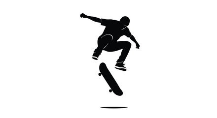 Obraz premium Dynamic Skateboarder Silhouette Performing Ollie Jump Trick. Extreme Sports Graphic Design Element on White Background.