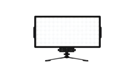 Black LED panel light shines, mounted on tripod. Useful for filmmaking, photography, product staging.