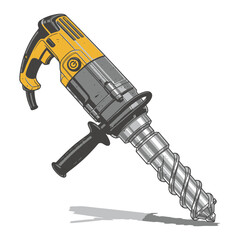 Detailed vector illustration of a robust rotary hammer drill, an essential power tool for heavy-duty construction, drilling, and demolition work in industrial and DIY settings