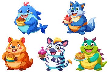 Naklejka premium A lively 3D render of a joyful, chubby cartoon animal holding a cake: Wolf , Wombat, Turtle, Whale, Zebra