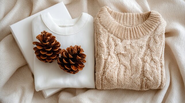Cozy autumn sweaters and pinecones arranged on a soft blanket. - Powered by Adobe
