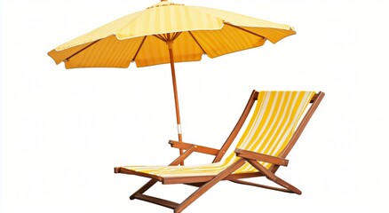 A yellow striped deck chair and umbrella stand on a white background beach