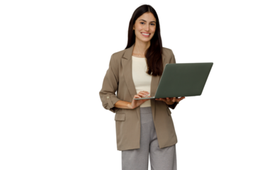 Businesswoman standing, smiling, working on laptop, digital communication and remote work concept