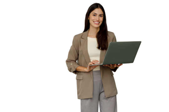 Businesswoman standing, smiling, working on laptop, digital communication and remote work concept
