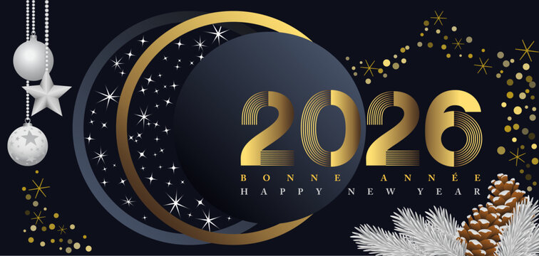 2026 - F&ecirc;ter la nouvelle ann&eacute;e sur le th&egrave;me de l&rsquo;espace - couleurs noir, blanc et or - texte fran&ccedil;ais et anglais - traduction bonne ann&eacute;e.