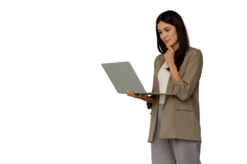 Businesswoman standing, holding laptop, thinking and analyzing data, transparent background