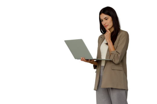 Businesswoman standing, holding laptop, thinking and analyzing data, transparent background