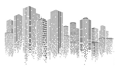 Pixelated Cityscape Modern Buildings Emerging from Digital Noise