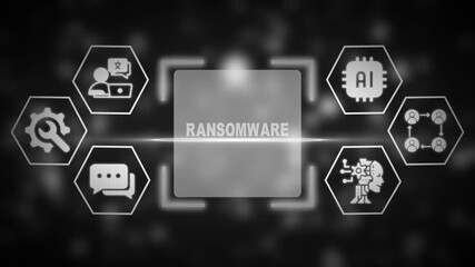 Grayscale AI ransomware concept with interconnected icons and glowing central text artificial intelligence - Powered by Adobe