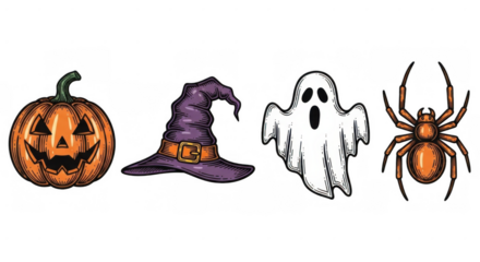 Halloween Icons: Pumpkin Witch Hat Ghost and Spider Illustration.