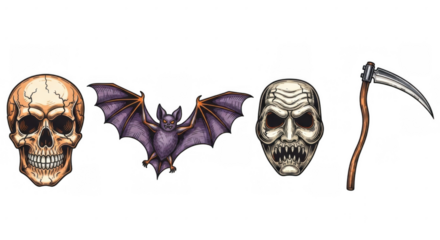 Halloween Icons Skull Bat Scary Mask and Grim Reaper Scythe.