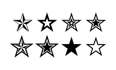 A versatile graphic set of eight different five-pointed star symbols. A collection of icons representing concepts of success, rating, and excellence