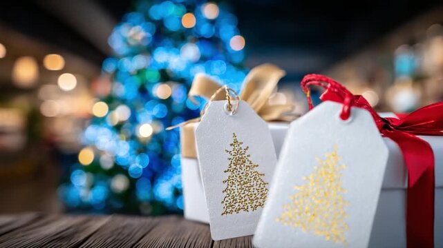 Christmas Gift: A captivating tableau unfolds, where beautifully wrapped presents adorned with festive tags and ribbons rest upon a rustic wooden surface.
