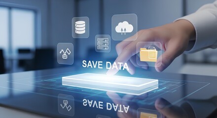 A hand interacts with a digital interface displaying icons for cloud, database, and file storage, reflecting data management.