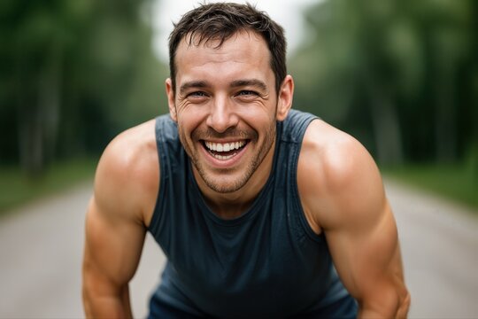 Runner Smiling Outdoors After a Successful Run in a Park Setting During Daylight With a Vibrant Expression and Closeup Framing