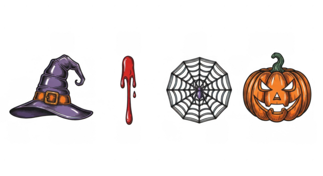 Halloween Icons: Witch Hat Blood Drip Spiderweb and Jack-o-lantern.