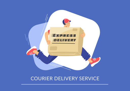 Express courier delivery with a big cardboard box. Flat vector illustration of happy courier running to deliver a box in time