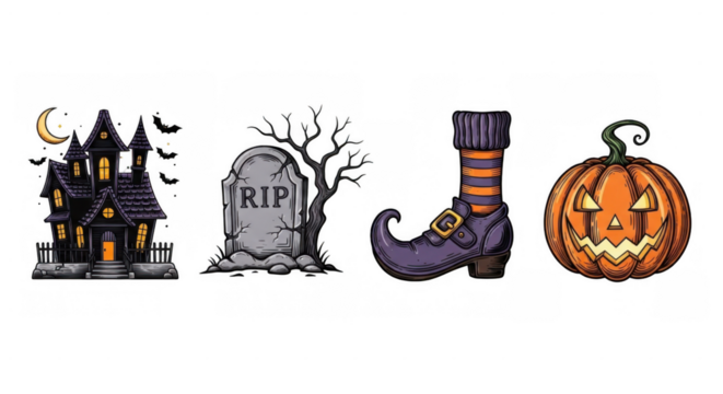 Halloween Icons: Haunted House Tombstone Witch Boot and Jack-o-Lantern.