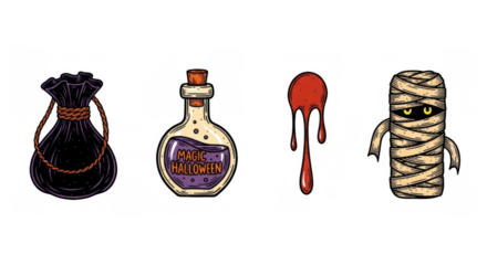 Halloween themed items including a bag potion blood and mummy.