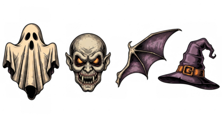 Halloween Icons Ghost Vampire Bat Witch Hat Spooky Symbols.