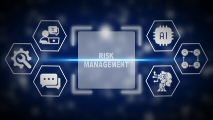 Blue glowing digital concept of risk management with AI and data icons in a hexagonal grid on a dark background - Powered by Adobe