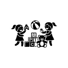 Two girls play with a toy car ball blocks and teddy bear