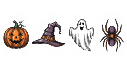 Halloween Icons Set with Pumpkin Witch Hat Ghost and Spider.