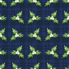 Seamless pattern with watercolor green leaves and white berries of mistletoe on blue plaid background. Perfect for Christmas, winter decor, textile, fabric, wrapping paper design, festive decorations