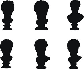 Bust silhouette, classical sculpture, black statue, art perspective, antique bust, side view, front view, rear view, curly hair, pedestal, sculpture angle, 