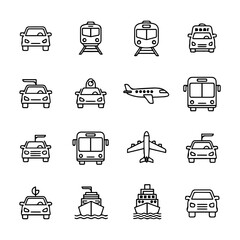 Pictogram grid car train taxi airplane bus and ship icons with clear concise line drawings on a white background