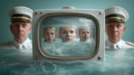 Surreale Komposition mit Retro-Fernseher und multiplen Gesichtern im Wasser
