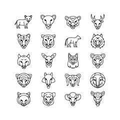 Array of lineart icons featuring various animal heads and bodies in a minimal stylized design on a white background