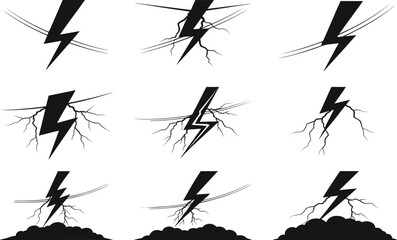 Electric lightning bolt energy symbols with cracked ground effect and power line shock concept, electricity danger vector illustration set