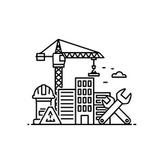 Construction scene a crane lifting materials above buildings with hardhat caution sign and wrench