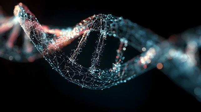 Abstract glowing dna helix with intricate molecular structure and dark background