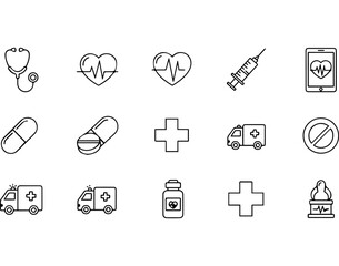 Medical icons line art style arranged on a white background
