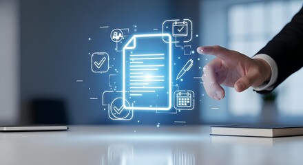 A hand interacts with a glowing digital document icon surrounded by other related icons, on a white desk with a blurred background.