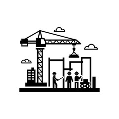 A construction site with workers a crane and a partially built structure depicted in a minimalist black and white design
