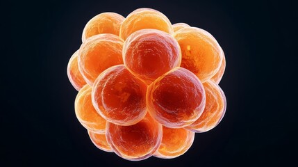 A cluster of vibrant orange fat cells is shown in extreme close-up against a dark background, displaying their rounded, plump structure and translucent membrane in a vivid scientific illustration.