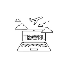 A laptop displays the word TRAVEL accompanied by an airplane clouds and birds
