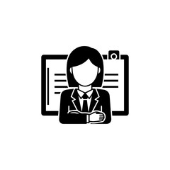 Businesswoman in a suit with arms crossed stands before a document