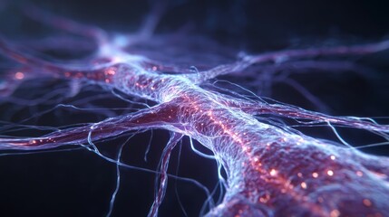 Close-up of a medical anatomical glowing neural network rendered in vivid detail, showing intertwined axons and dendrites with pulsating electrical signals traveling through a biological complex web .