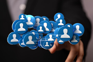 Abstract 3D render of people icons connected showing social media network, teamwork and communication in business. Network growth concept.