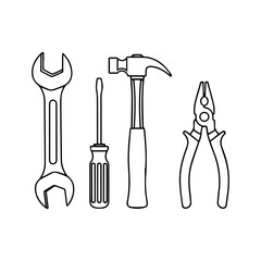 Four outlined hand tools wrench screwdriver hammer and pliers arranged side by side