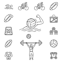 Sporting line art with swimming biking football water polo weightlifting and diverse sporting equipment icons