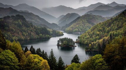 Serene landscape view of a river surrounded by lush mountains and forests