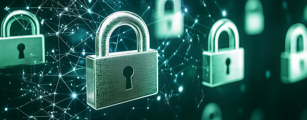 Abstract blockchain network with padlocks symbolizes security and protection digital environments. interconnected design evokes trust