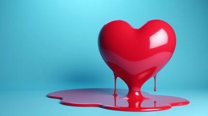 Vibrant Glossy Red Heart Melting and Dripping on a Blue Background